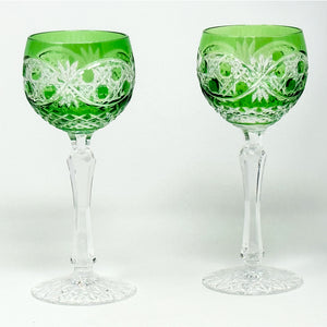 Green Old Irish Hock Wine Glasses - Pair
