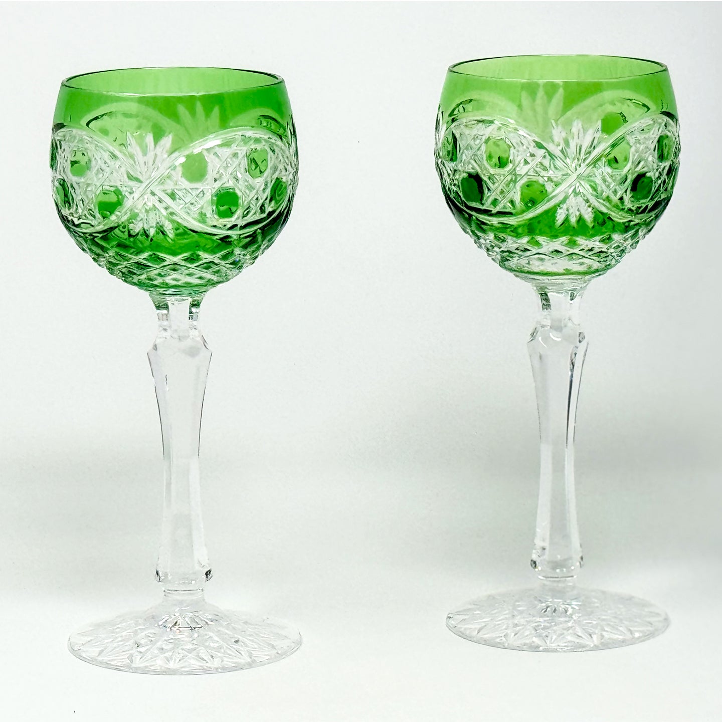 Green Old Irish Hock Wine Glasses - Pair
